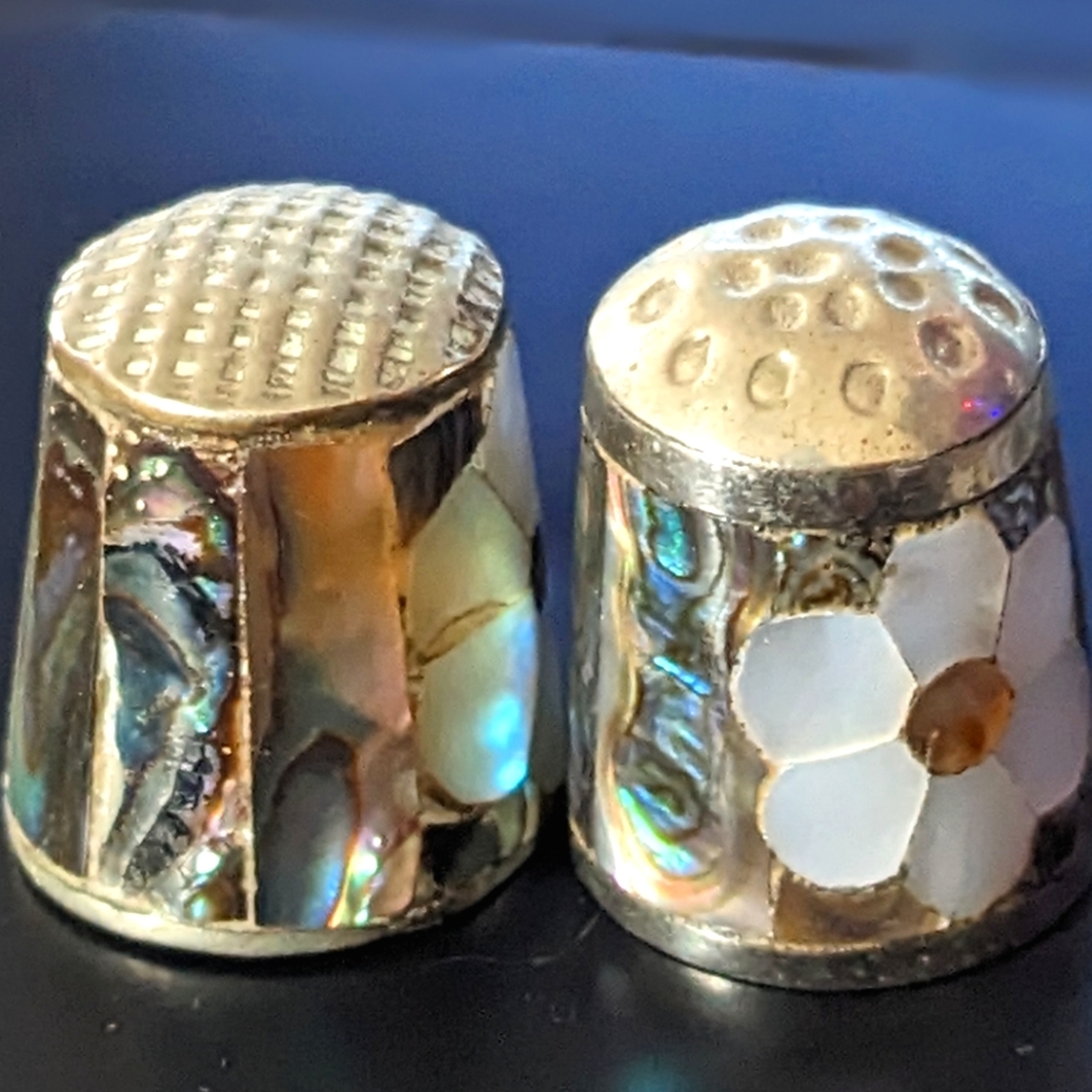 Vintage Thimble Inlaid Abolone | Mother of Pearl Thible | Flower Design Set of 2